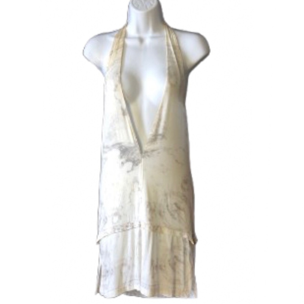BALMAIN BEACHWEAR PLUNGING V NECK HALTER COVERUP • GOLD MEDALLION HARDWARE •Sz M